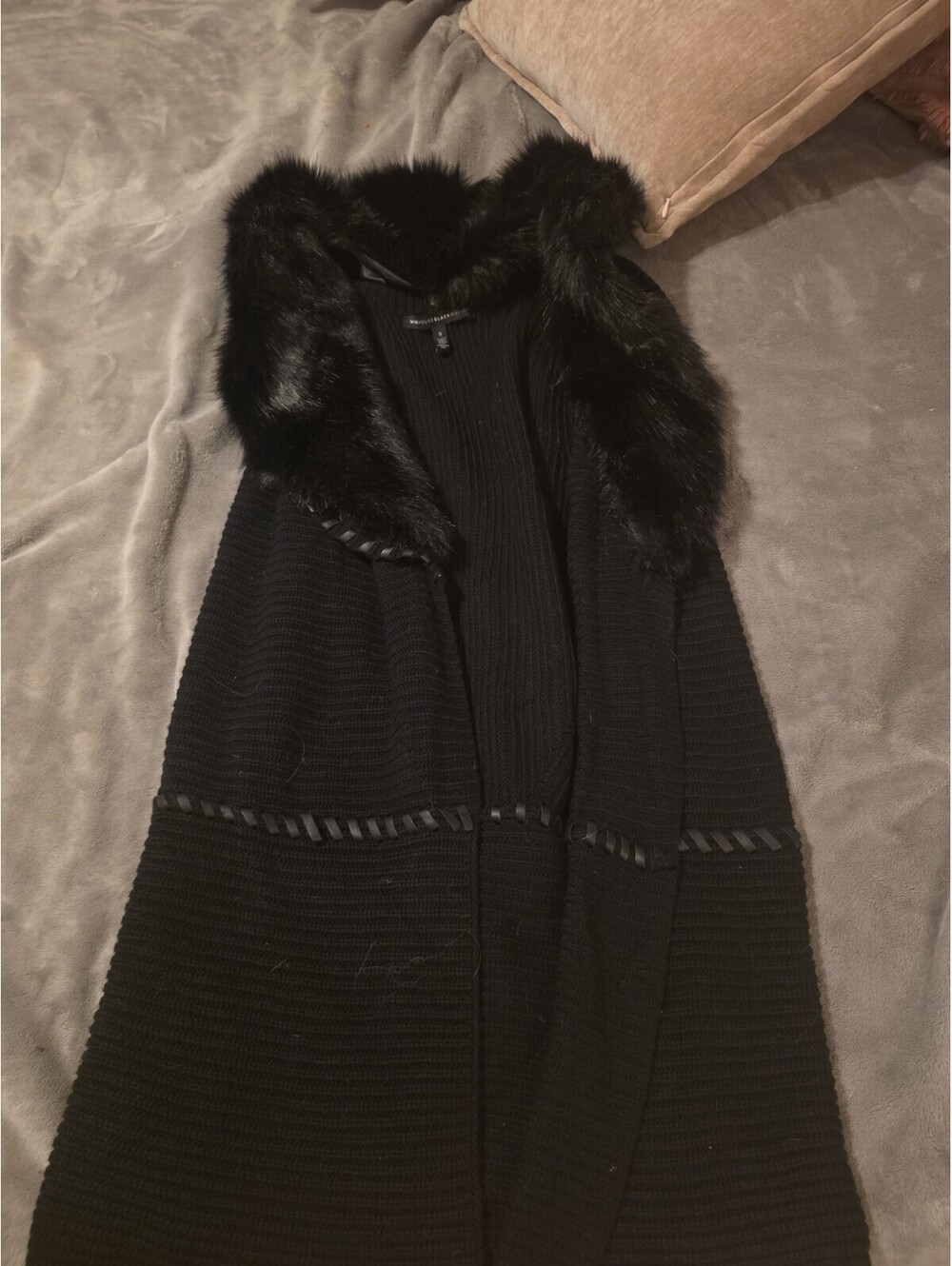 White House Black Market Black Faux Fur & Leather Vest Medium S Jacket Top WHBM